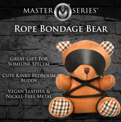Rope Bondage Bear packaging showing plush bear with nickel-free metal tag on dark brick background