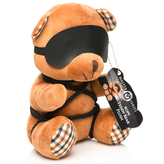Rope Bondage Bear plush displayed with attached Master Series brand hang tag on ball chain