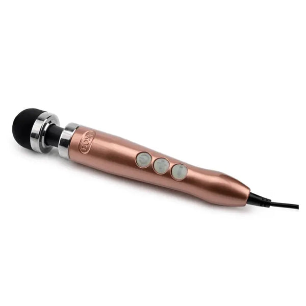 Rose gold Doxy Die Cast 3 wand massager shown at an angle displaying buttons and power cord