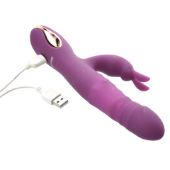 Rose Gold G-Spot Rabbit shown with magnetic USB charging cable attached