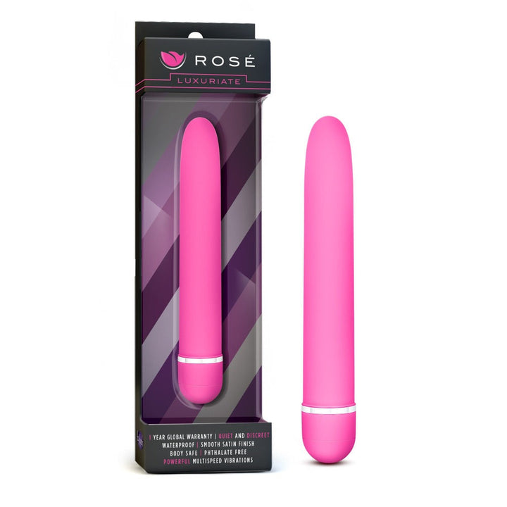 Rose Luxuriate pink vibrator beside its dark branded box, smooth satin finish