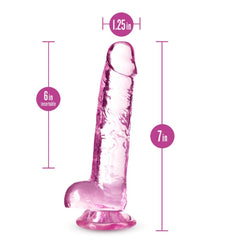 Rose pink crystalline dildo showing 7 in total length, 6 in insertable, 1.25 in width