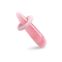 Close-up of rose quartz wand with a pink silicone finger ring accessory for grip
