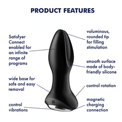 Rotator Plug 2+ feature diagram showing rounded tip, wide base, and magnetic charging connection