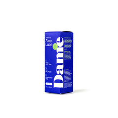 Royal blue Dame Aloe Lube retail box showing front panel with key feature icons