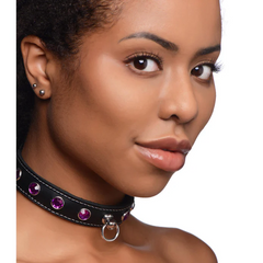 Royal Vixen leather choker with purple rhinestones and silver O-ring worn at the neck