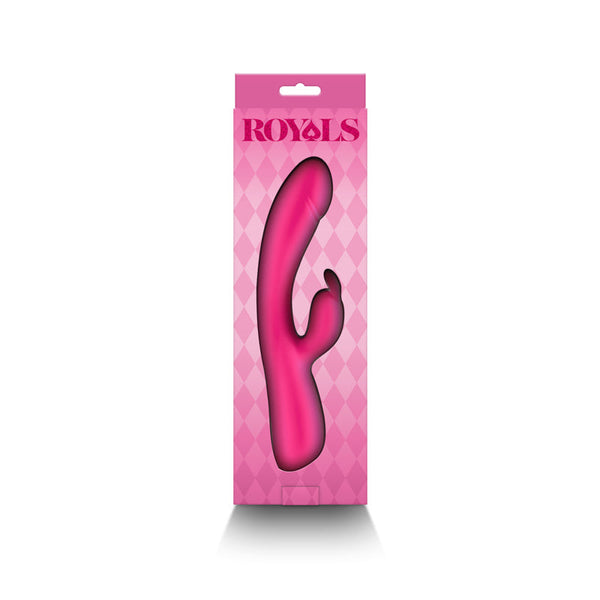Royals Divine metallic pink rabbit vibrator shown inside open pink branded packaging box