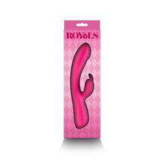 Royals Divine metallic pink rabbit vibrator shown inside open pink branded packaging box