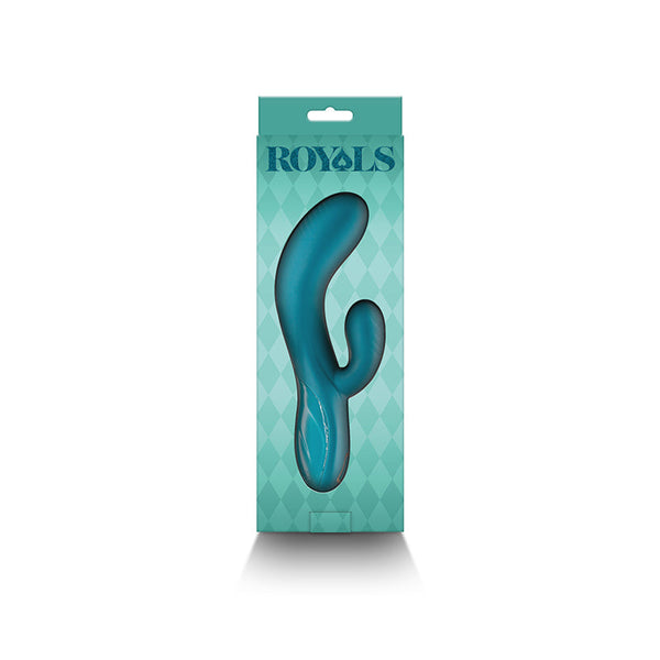 Royals Regent rabbit vibrator inside open teal gift box, showing full product and branded packaging