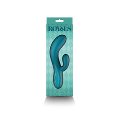 Royals Regent rabbit vibrator inside open teal gift box, showing full product and branded packaging