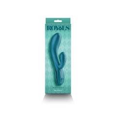 Royals Regent vibrator displayed in front of its teal harlequin-print NS Novelties retail packaging