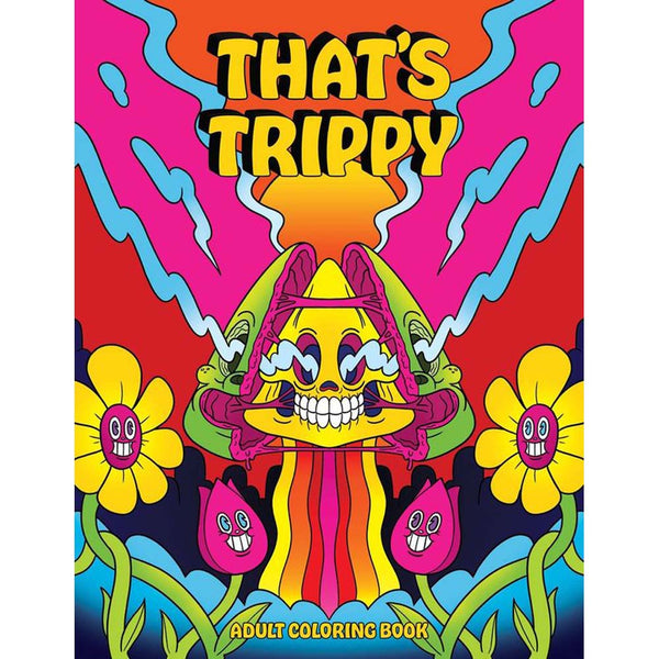 That's Trippy Adult Coloring Book cover with bold psychedelic mushroom character and bright retro colors
