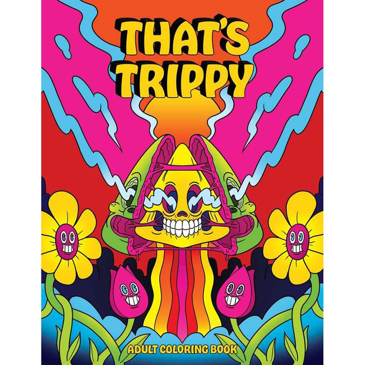 That's Trippy Adult Coloring Book cover with bold psychedelic mushroom character and bright retro colors