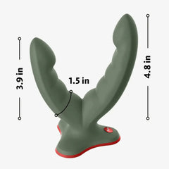 Sage green RYDE dildo with dimension callouts: 4.8 in, 3.9 in shafts and 1.5 in width