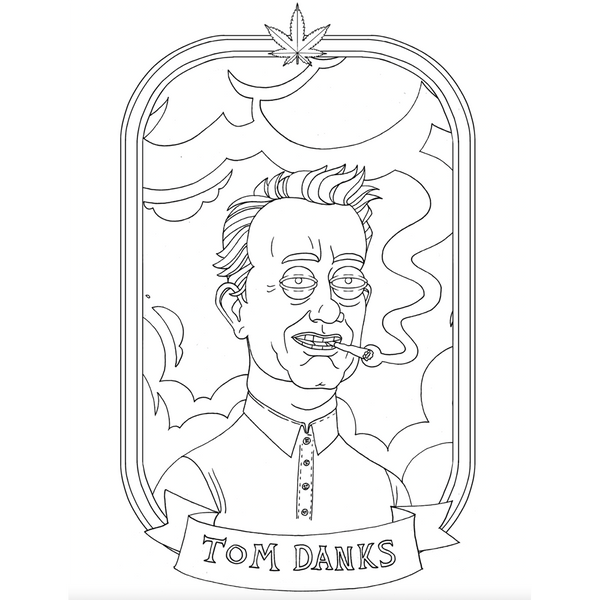 Sample coloring page portrait of caricature labeled Tom Danks framed with leaf motif border