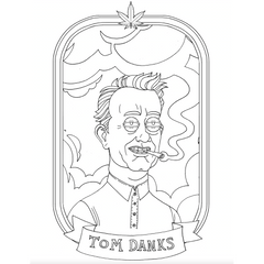 Sample coloring page portrait of caricature labeled Tom Danks framed with leaf motif border