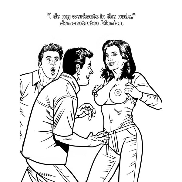 Sample interior page with Monica workout gag, crisp linework ready for coloring pens or pencils