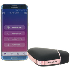 Samsung phone displaying SF Connect app control menu alongside the rose-gold and black Love Triangle
