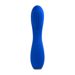 Sapphire G blue silicone vibrator showing ribbed head texture and single power button