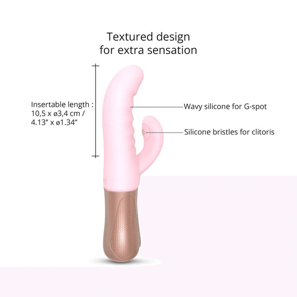 Sassy Bunny dimensions diagram highlighting wavy G-spot silicone and bristled clitoral arm, insertable length 4.13 inches