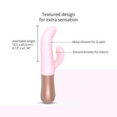 Sassy Bunny dimensions diagram highlighting wavy G-spot silicone and bristled clitoral arm, insertable length 4.13 inches