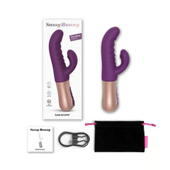 Sassy Bunny Thrusting Rabbit packaging with device, USB cable, and velvet pouch
