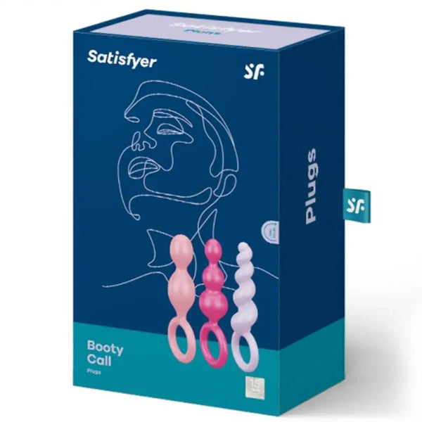 Satisfyer Booty Call Plugs set box, navy blue packaging showing three silicone anal plugs