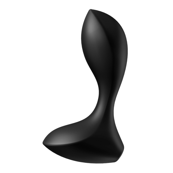 Satisfyer Backdoor Lover black silicone plug vibrator, front view showing curved ergonomic shape