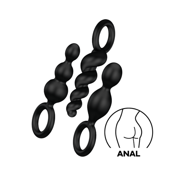 Satisfyer Booty Call 3-piece black silicone anal plug set with ring bases, front view