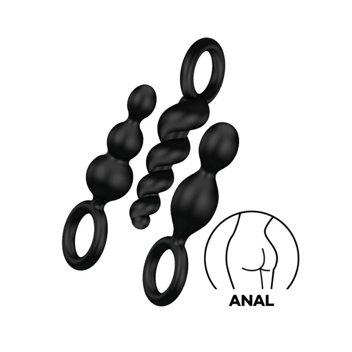 Satisfyer Booty Call 3-piece black silicone anal plug set with ring bases, front view