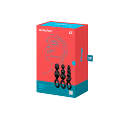 Satisfyer Booty Call Plugs set shown in red and teal retail packaging with product name visible