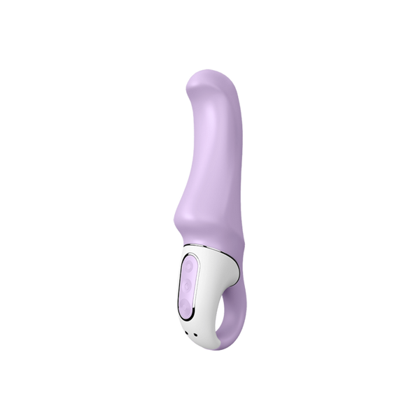Satisfyer Charming Smile curved vibrator in soft lavender silicone with white ring handle