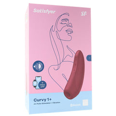 Satisfyer Curvy 1+ packaging box highlighting air pulse stimulation, vibration, and free Bluetooth app