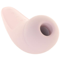 Close-up of the Satisfyer Curvy 2+ nozzle opening and control buttons on soft pink silicone body