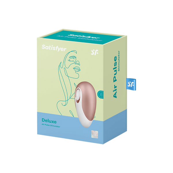 Satisfyer Deluxe Air-Pulse Stimulator in sage green retail packaging with line-art and product label