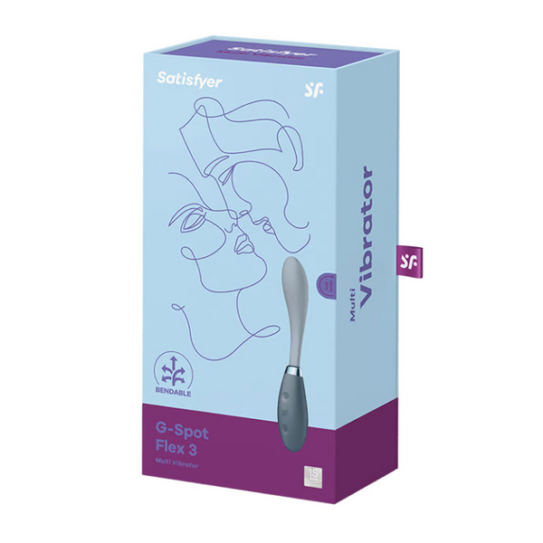 Satisfyer G-Spot Flex 3 multi vibrator in light blue and purple retail packaging
