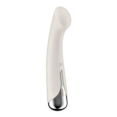 Satisfyer G-Spot vibrator side angle revealing SF logo and dual control buttons on silver handle