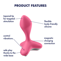 Satisfyer Game Changer feature diagram: tapered tip, flexible silicone, magnetic charging base