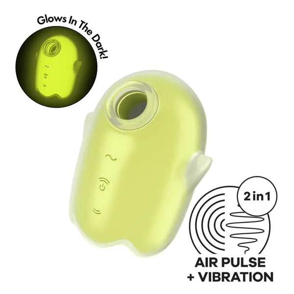 Satisfyer Glowing Ghost air pulse vibrator in yellow-green silicone with ghost shape and circular nozzle