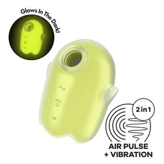 Satisfyer Glowing Ghost air pulse vibrator in yellow-green silicone with ghost shape and circular nozzle