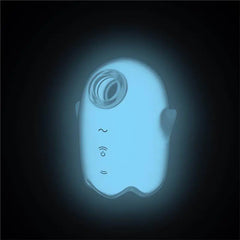 Satisfyer Glowing Ghost glowing blue in the dark, showing ghost silhouette and air pulse opening