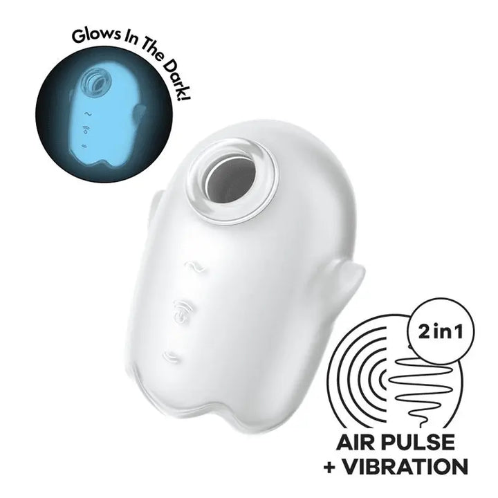 Satisfyer Glowing Ghost white silicone air pulse vibrator with glow-in-the-dark inset