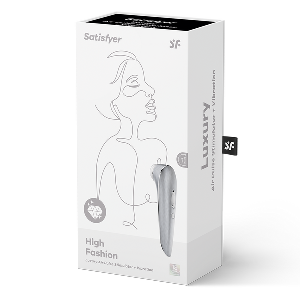 Satisfyer High Fashion retail packaging labelled Luxury Air Pulse Stimulator plus Vibration in silver