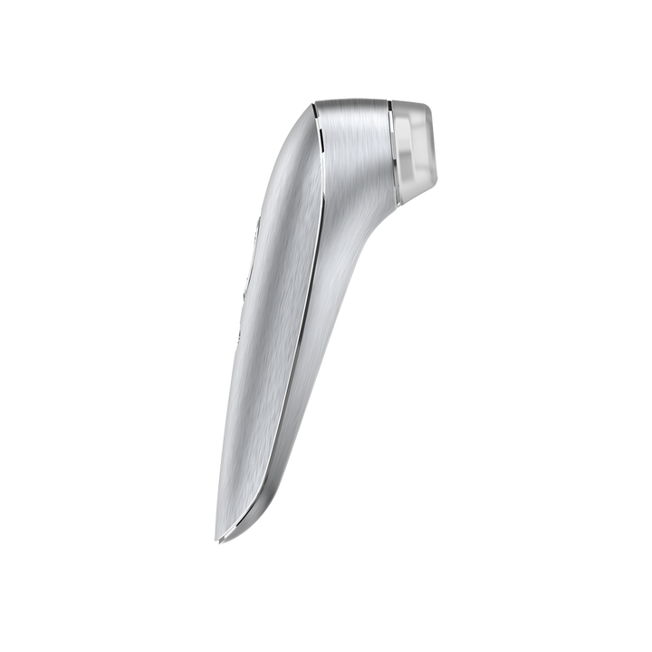 Satisfyer High Fashion silver air pulse stimulator, side profile showing brushed metallic finish