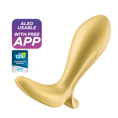Satisfyer Intensity Plug in gold silicone, front hero view showing tapered tip and wide base