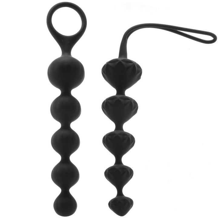 Satisfyer Love Beads two-piece black silicone anal bead set, spherical and diamond shapes