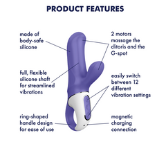 Satisfyer Magic Bunny feature diagram highlighting 12 vibration settings and magnetic charging connection