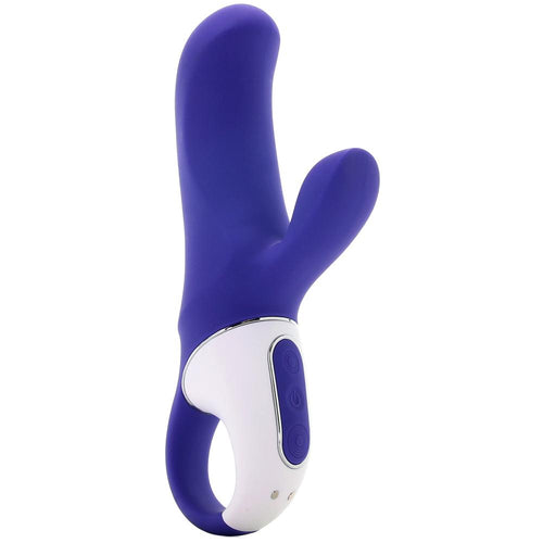 Satisfyer Magic Bunny vibrator in blue silicone with white ring-shaped handle and control buttons