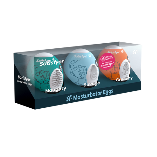 Satisfyer Masturbator Eggs 3-pack set — Naughty, Savage, and Crunchy in retail box