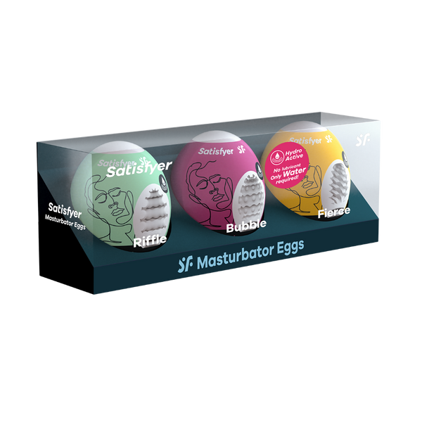 Satisfyer Masturbator Eggs three-pack set: Riffle, Bubble, and Fierce in retail box